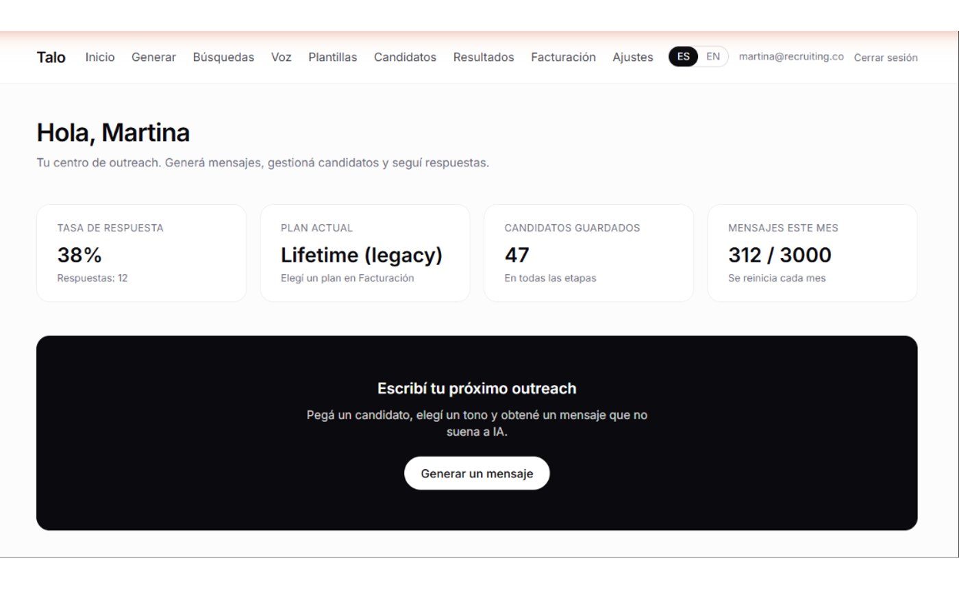 Talo: centro de outreach con métricas de respuesta y candidatos